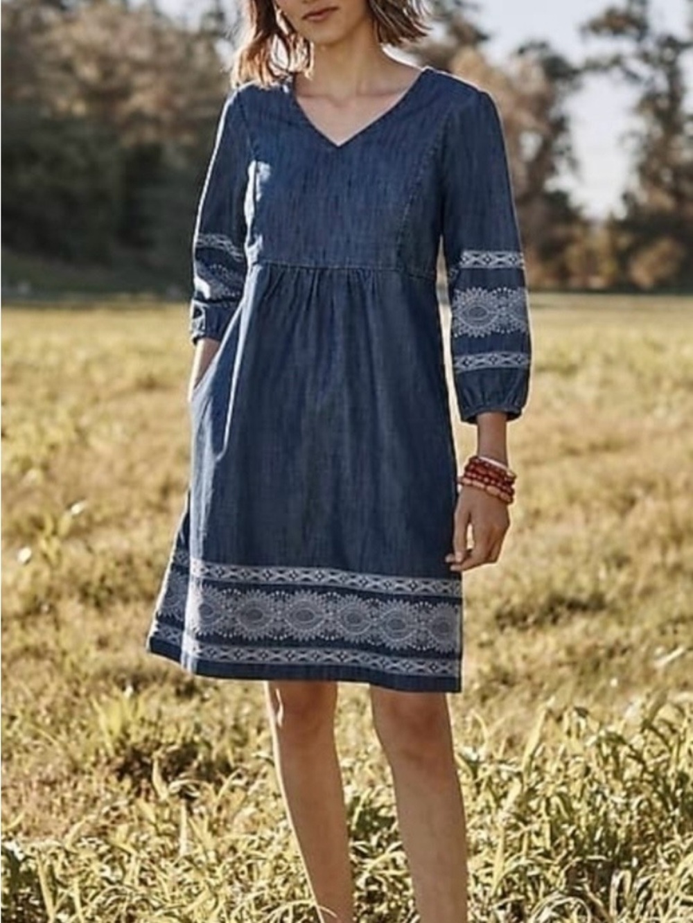 J.Jill Denim Embroidered Chambray V-Neck Dress Luna Denim Blue Sz M Pockets